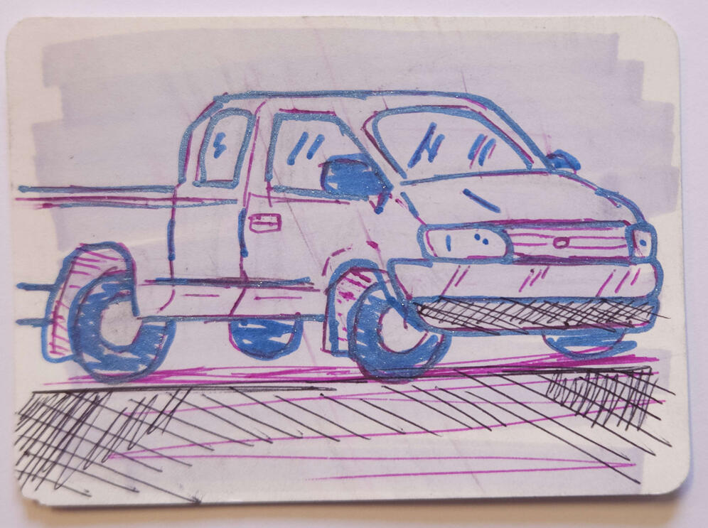 2025 | Big Blue Bitch (sketch of my truck as seen in the back of the annex)Sketch of my truck as seen parked behind the Annex) | Alyssa "Dragon" Glazer